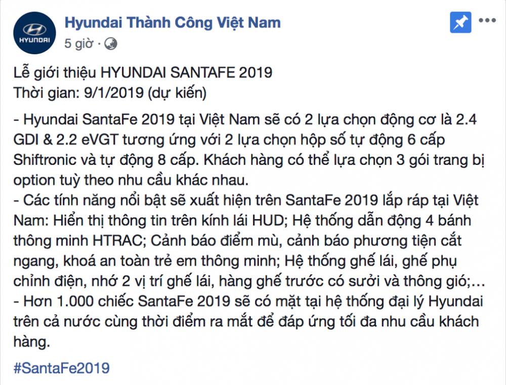 Hyundai Sante Fe 2019 thời gian ra mắt.