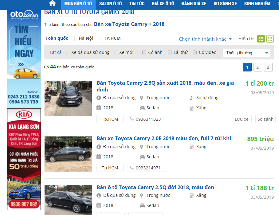 Tin rao bán xe Toyota Camry 2018 trên Oto.com.vn.